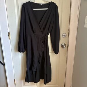 Boohoo Black Ruffled Bishop Sleeve Wrap Dress